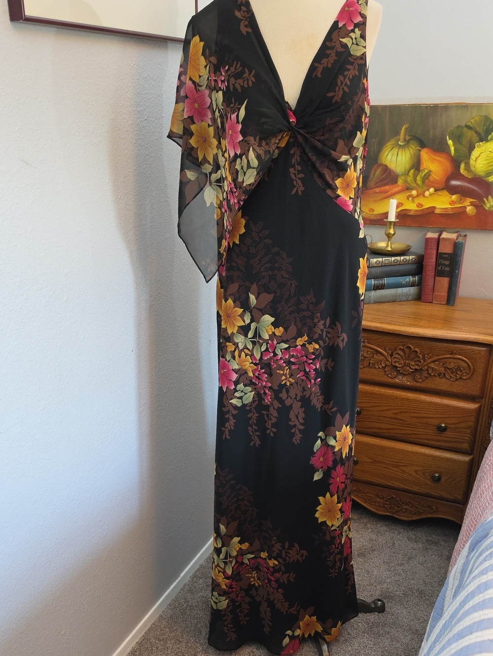 MARINA Black Brown Floral Maxi Dress Fall Autumn Beaded